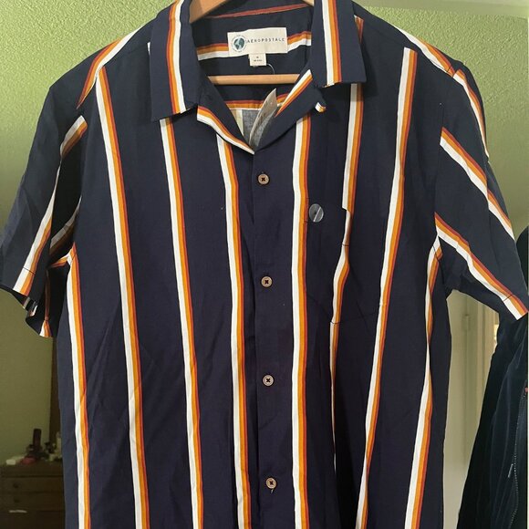 Aeropostale Men’s Short Sleeve Button Up Shirt Multicolor Navy Blue  Print Sz M - Picture 1 of 7
